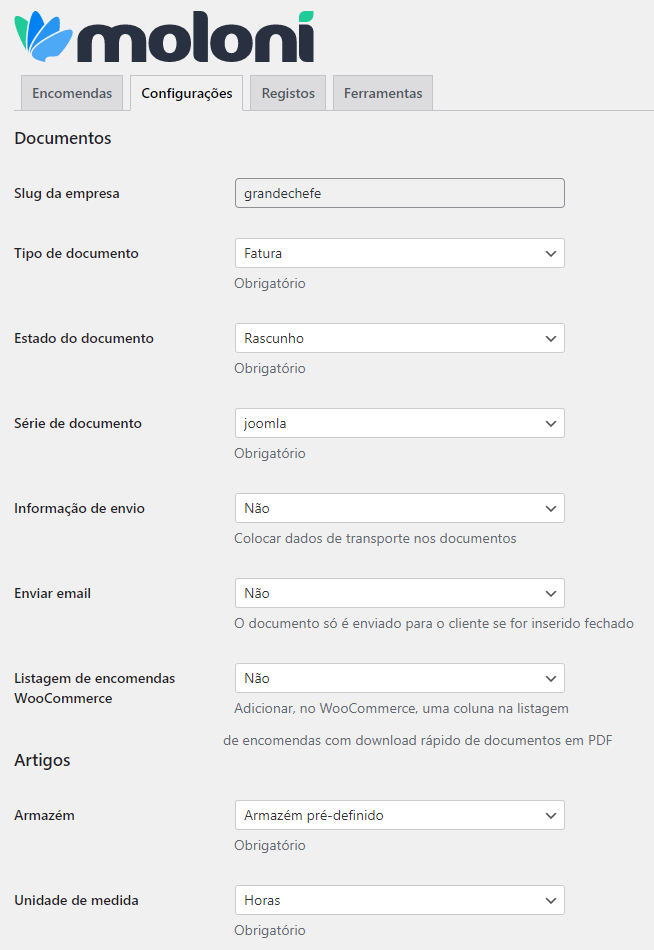 Ecrã de configurações do plugin Moloni no WordPress com opções de documentos e sincronizações.