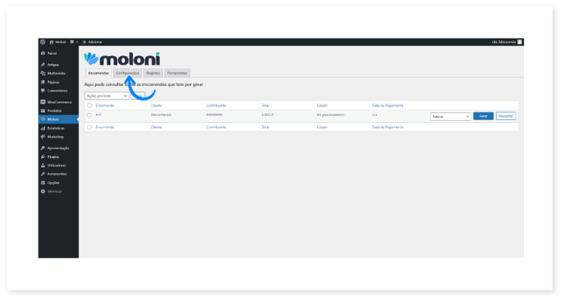 Ecrã do plugin Moloni com seleção de tipo de documento e estado do documento.