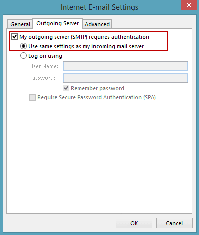 Opção do Outlook para autenticação do servidor de saída SMTP.